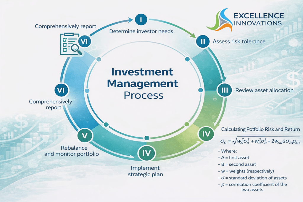 Investment management process infographic by Excellence Innovations showing portfolio planning, risk assessment and asset allocation
