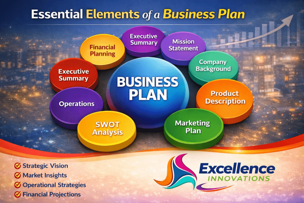 alt="Essential elements of a business plan including executive summary marketing plan SWOT analysis and financial planning"