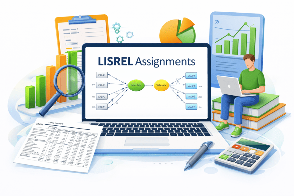 LISREL assignment help illustration showing structural equation modeling, path diagram, graphs, and statistical analysis