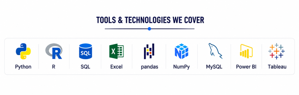 Tools and Technologies We Cover including Python, R, SQL, Excel, Pandas, NumPy, MySQL, Power BI, and Tableau for Data Manipulation Assignment Help by Excellence Innovations.