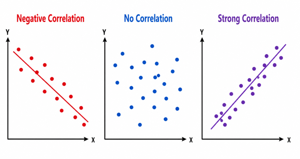 negative correlation no correlation and strong correlation scatter plot examples in statistics