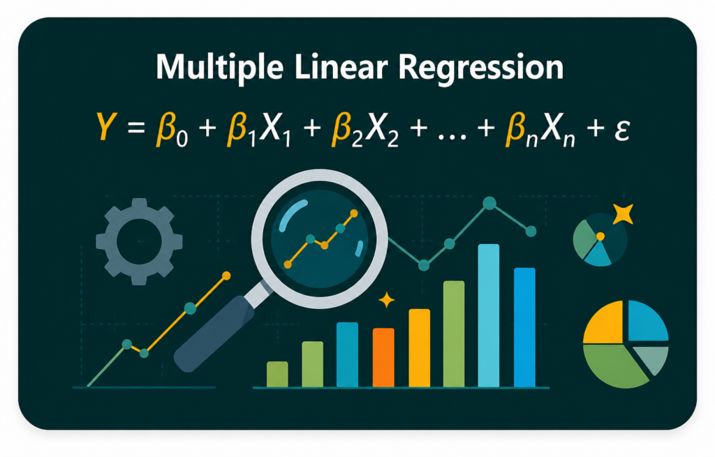 Multiple linear regression equation with data charts and analysis visualization