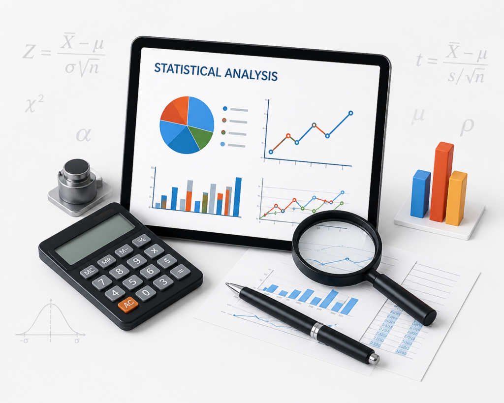 Statistical analysis dashboard with charts, graphs, calculator and magnifying glass representing data analysis and statistics assignment help