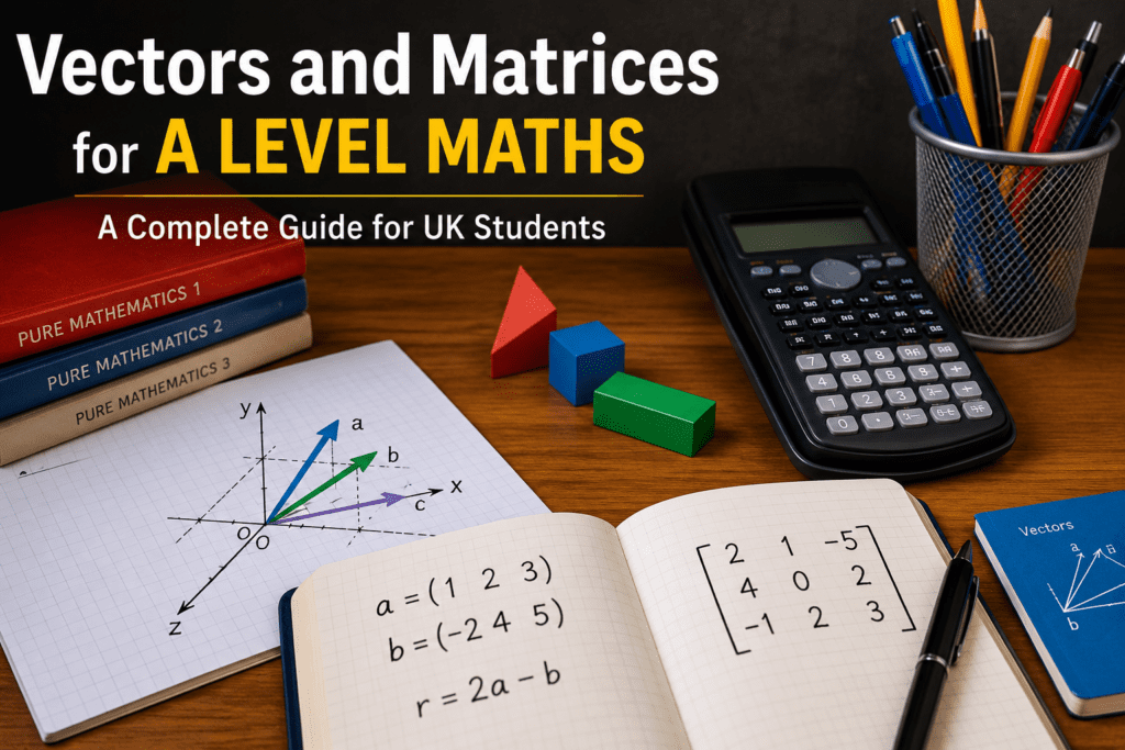 Vectors and Matrices for A Level Maths study guide featuring matrix calculations, vector diagrams, calculator, and mathematics learning materials.