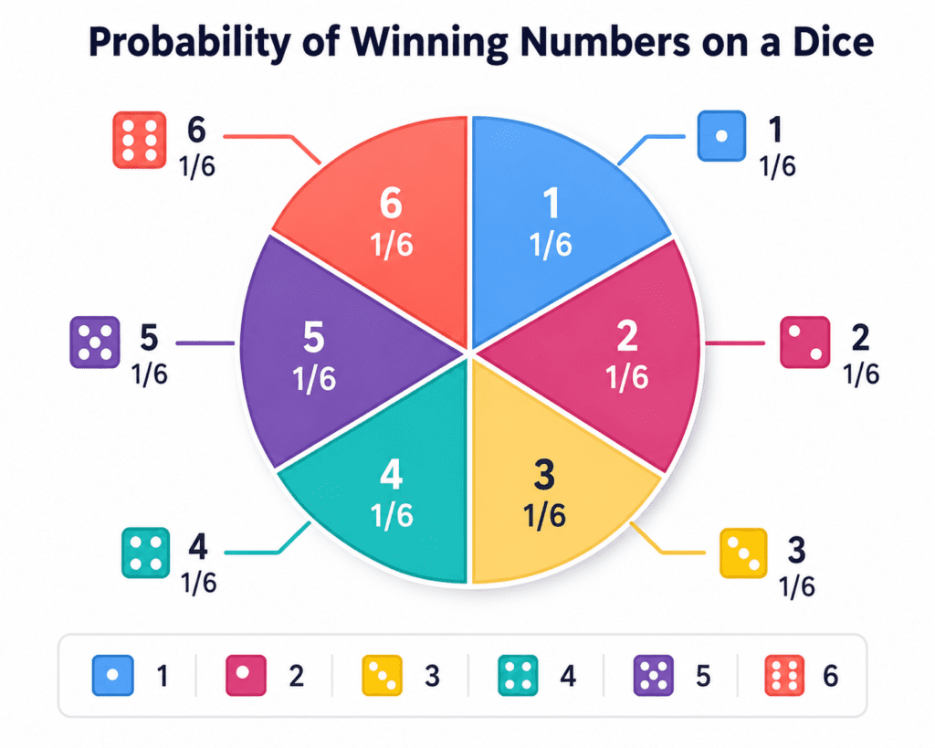 Probability of Winning Numbers on a Dice Pie Chart Showing Equal 1/6 Probability for Numbers 1 to 6