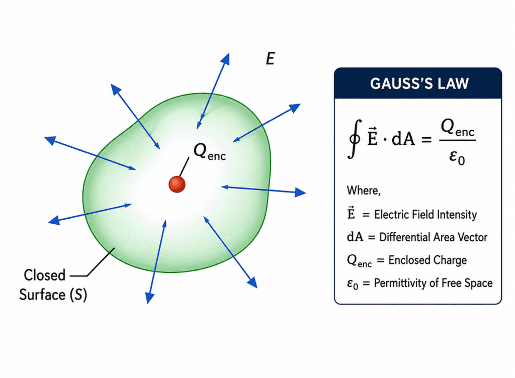 Gauss's Law closed surface diagram with enclosed charge and electric flux lines.
