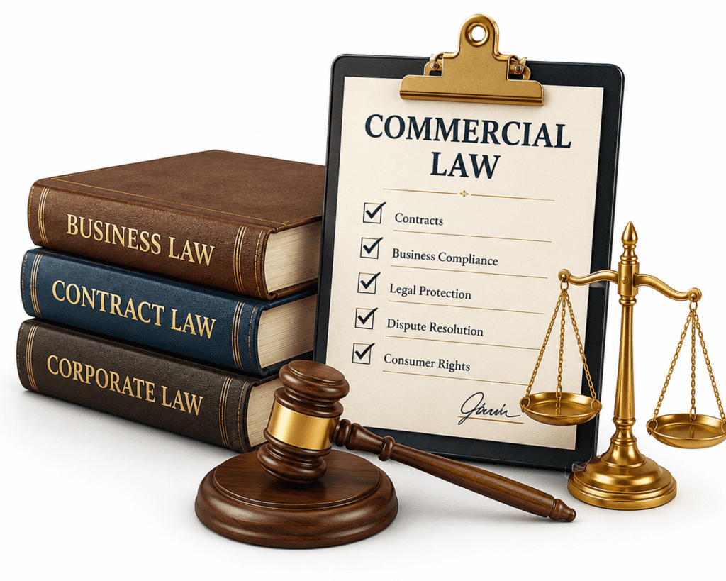 Commercial Law Assignment Essay Help with law books, gavel, and scales of justice