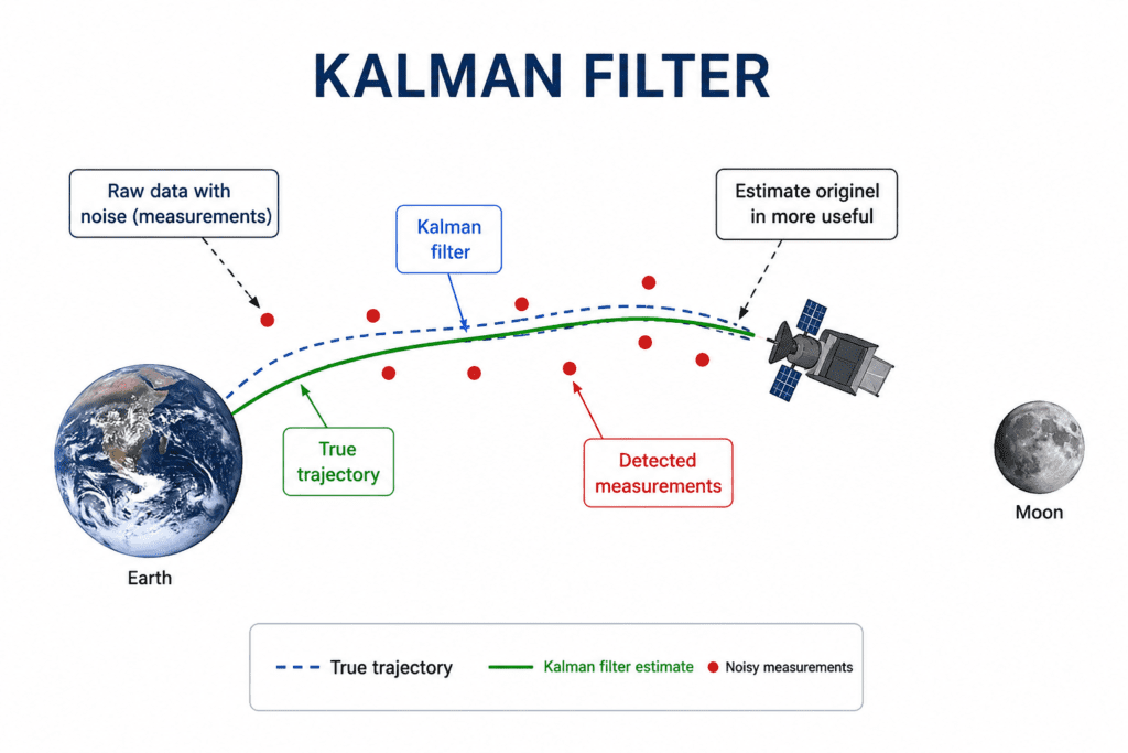 Kalman Filter satellite tracking illustration demonstrating trajectory prediction, noisy measurements, and state estimation process
