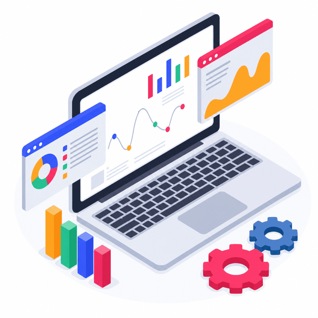 Analytica software analytics dashboard showing data visualization, reporting tools, and business intelligence charts.