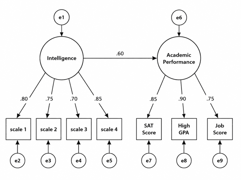 Structural Equation Modeling (SEM) path diagram illustrating the relationship between Intelligence and Academic Performance. The model includes latent variables, observed indicators (Scale 1–4, SAT Score, High GPA, Job Score), factor loadings, and error terms, demonstrating measurement and structural relationships in SEM analysis.
