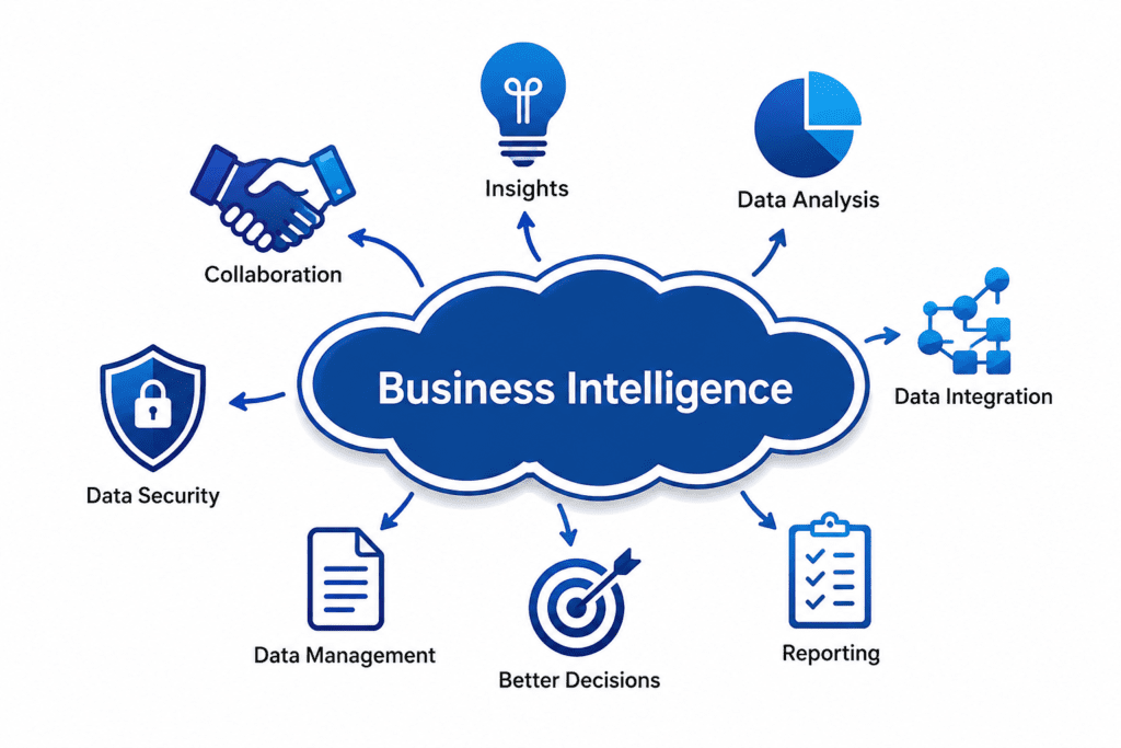 Business Intelligence concept infographic showing data analysis, reporting, insights, data integration, business collaboration, data security, and decision making processes.