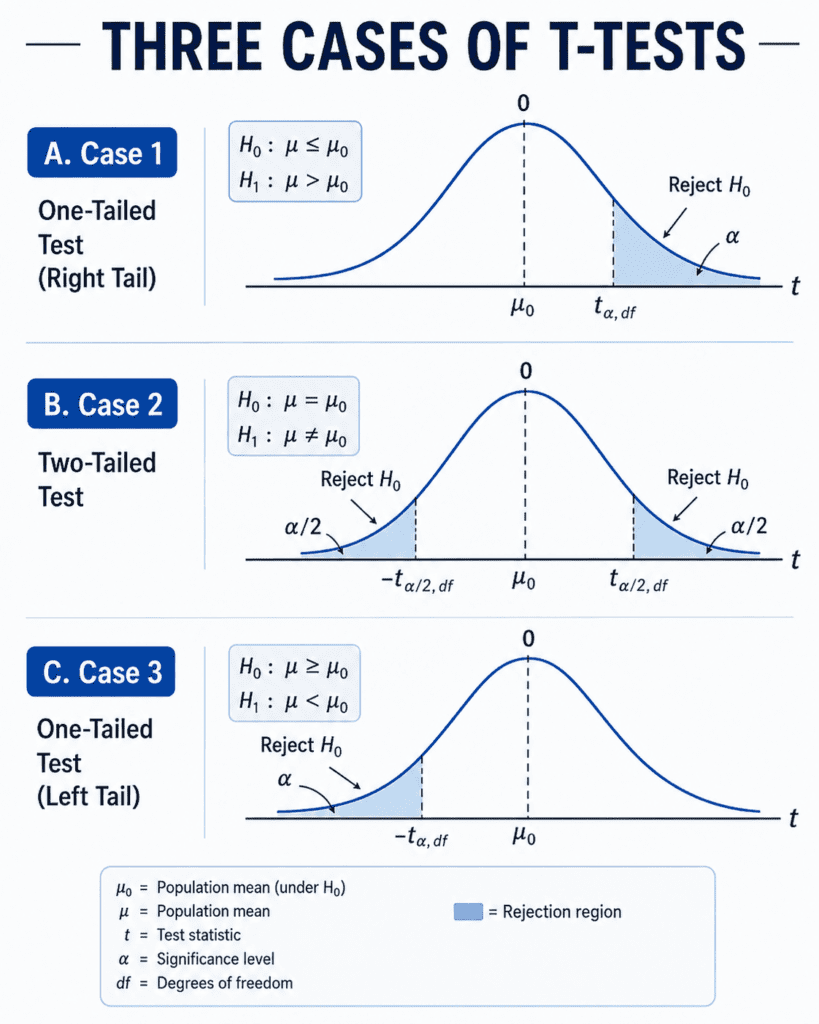 Three Cases of T-Tests Diagram Showing One-Tailed and Two-Tailed Hypothesis Testing Methods