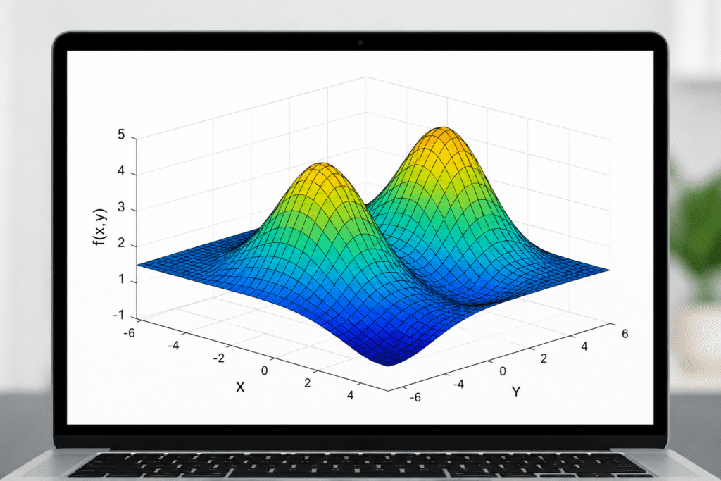 3D numerical methods surface plot displayed on a laptop screen illustrating scientific computing, numerical analysis, mathematical modeling, and engineering mathematics concepts.