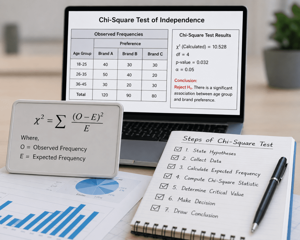 Chi-Square Test Assignment Help illustration showing a laptop with Chi-Square Test of Independence results, statistical formula, data charts, and step-by-step hypothesis testing process for statistics assignment assistance