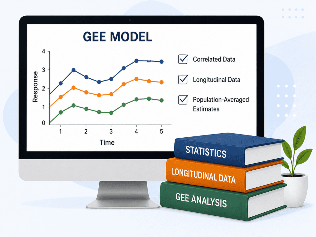 GEE Models Assignment Help illustration featuring a computer monitor displaying Generalized Estimating Equations (GEE) analysis graph, longitudinal data trends, correlated data modeling, and stacked statistics books for academic statistical analysis support.