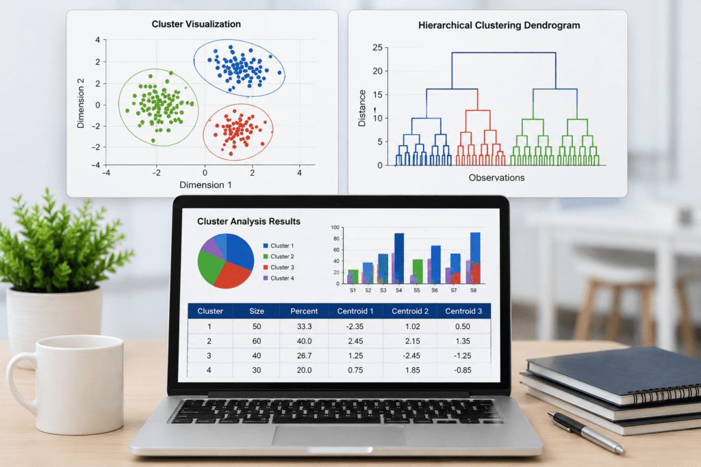 Cluster Analysis dashboard displaying cluster visualization, hierarchical clustering dendrogram, statistical charts, and data analytics results on a laptop in a modern workspace.