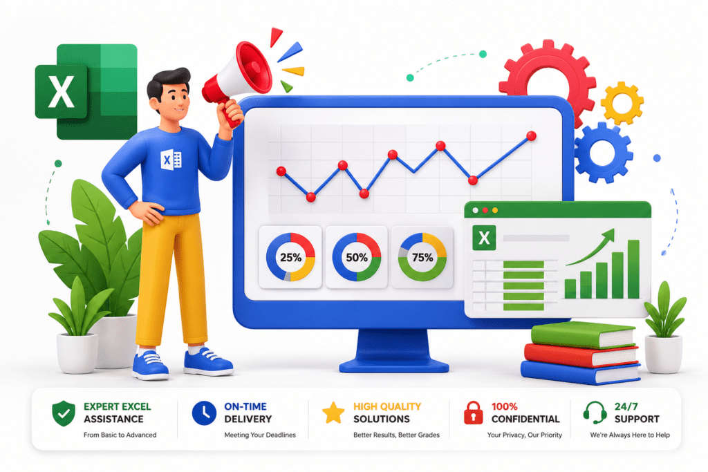 Excel Assignment Help illustration showing Excel dashboard, charts, graphs, data analysis, and expert Excel support services