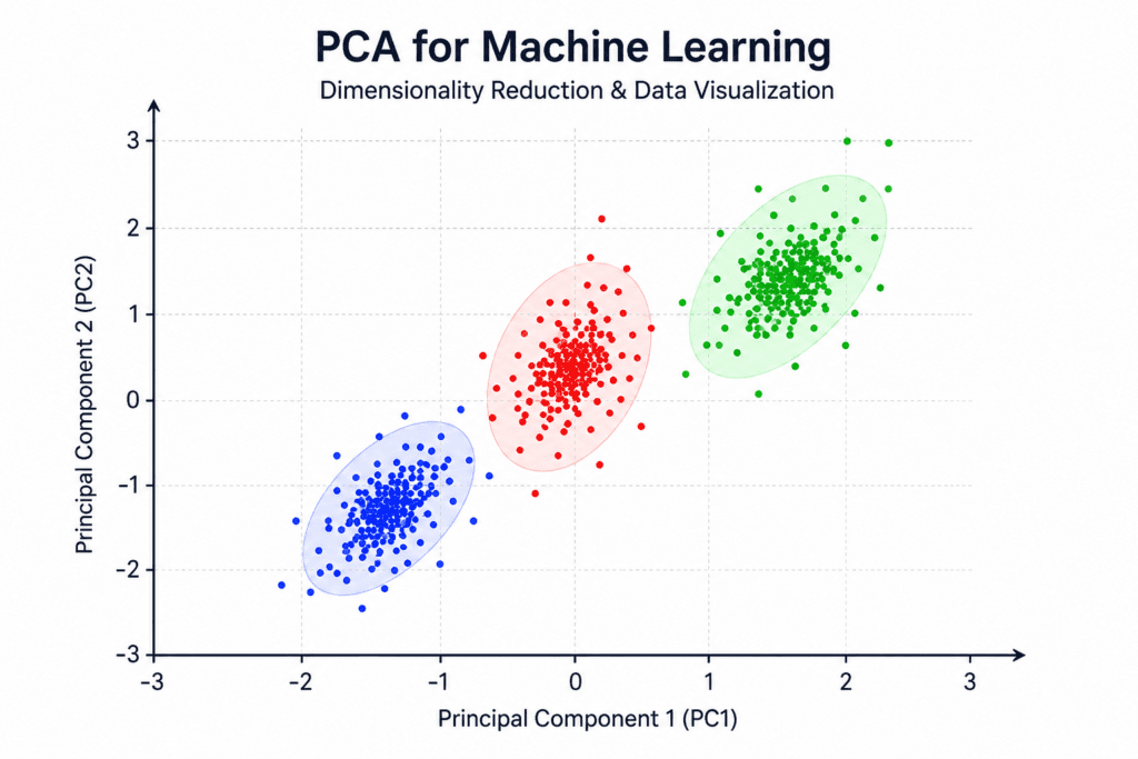 PCA for machine learning scatter plot showing dimensionality reduction clustering and principal component analysis data visualization