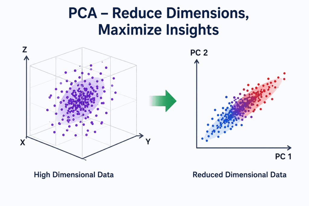 Principal Component Analysis PCA dimensionality reduction visualization showing transformation of high dimensional data into principal components for machine learning and data analysis