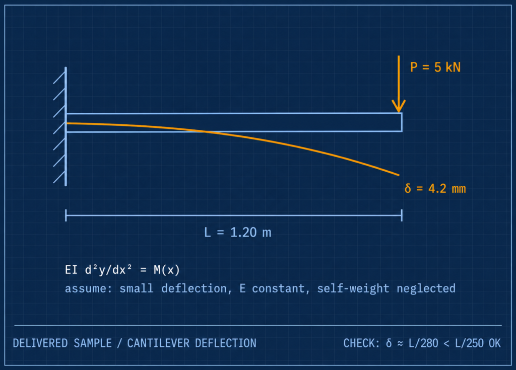 Cantilever beam deflection diagram showing a 5 kN downward point load, 1.20 m beam length, and 4.2 mm maximum deflection. excellence innovations