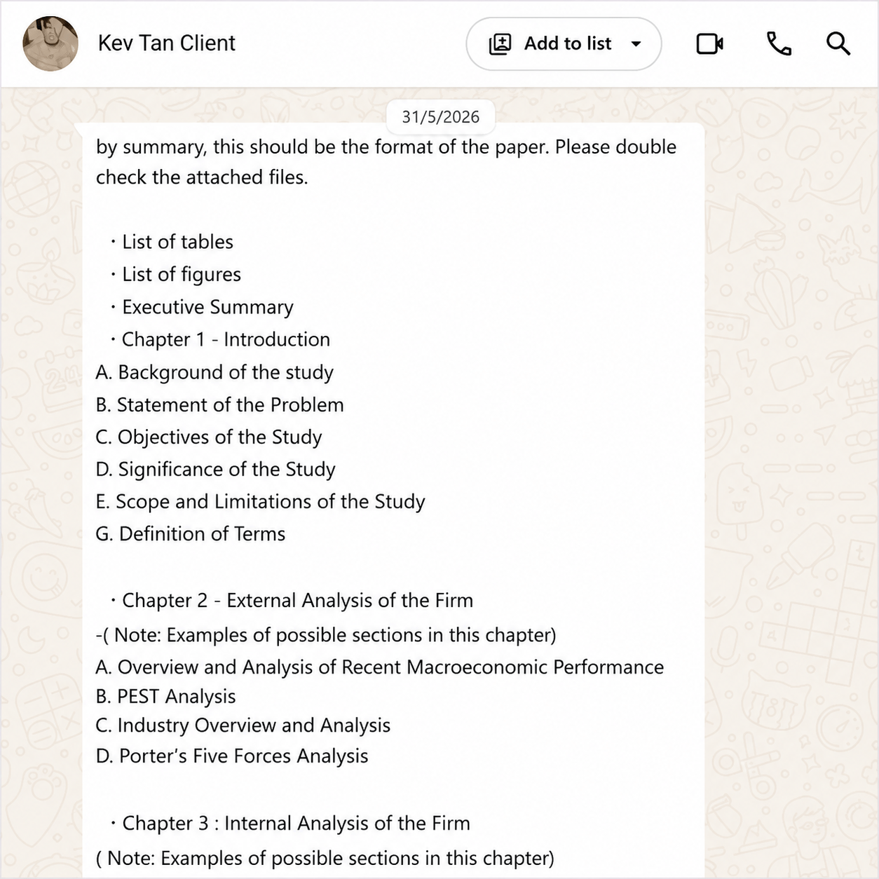 Client-provided chapter structure used to transform the draft into a professionally organised capstone paper
