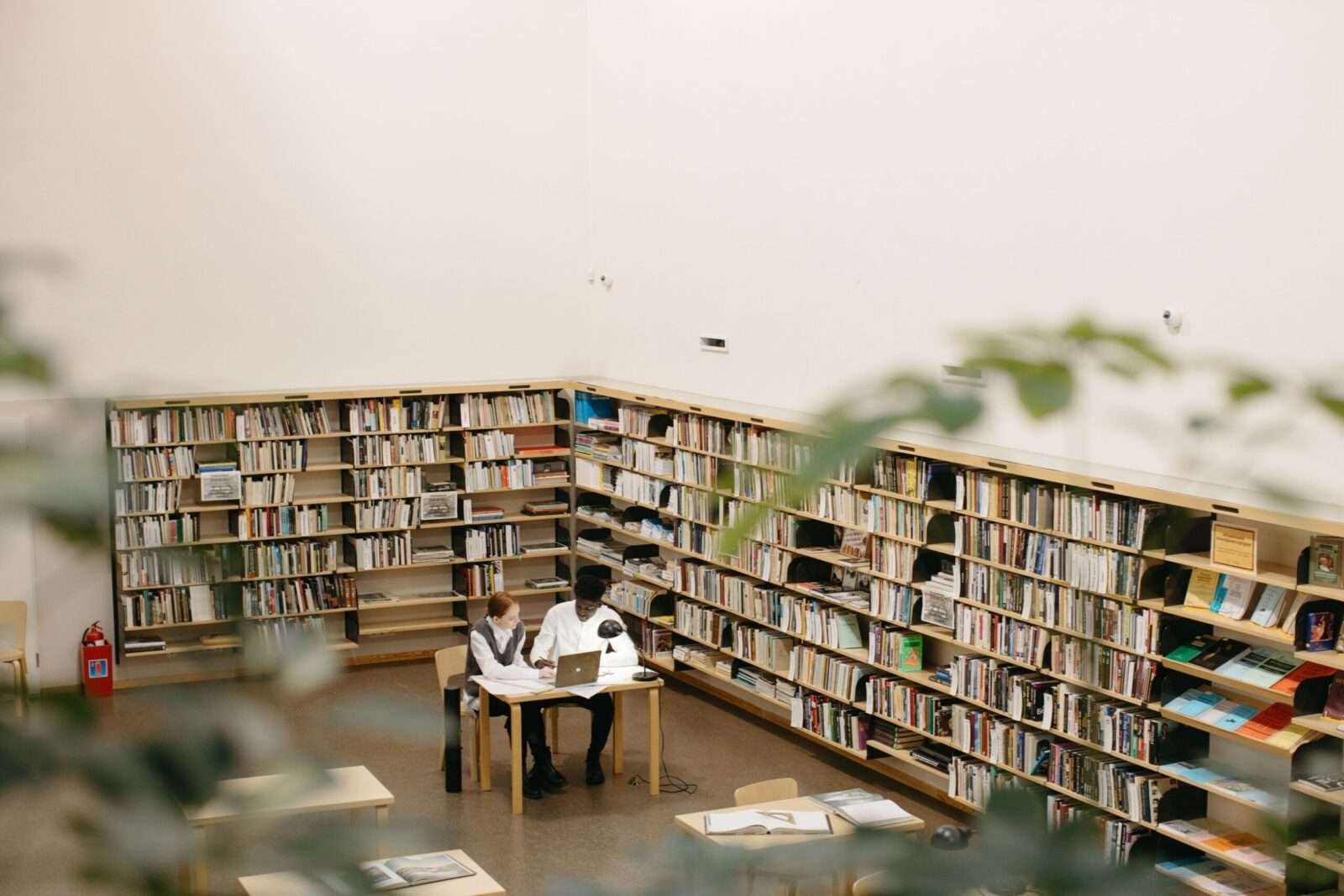 Students studying together at a library with laptops and books.