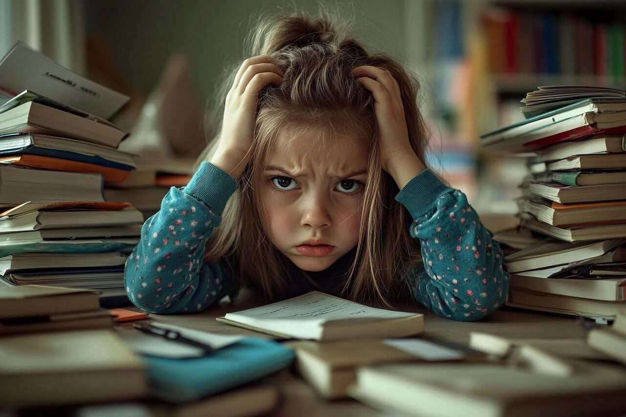 ai generated, girl, frustration, young, study, homework, schoolwork, stress, studying, education, books, desk, learning, concentration, tired, overwhelmed, student, classroom, focus, problem, challenge, fatigue, youth, struggle