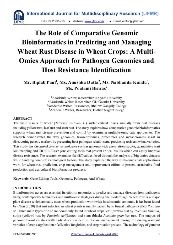 First page preview of the paper: The Role of Comparative Genomic Bioinformatics in Predicting and Managing Wheat Rust Disease in Wheat Crops: A Multi-Omics Approach