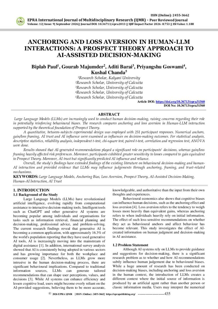 First page preview of the paper: Anchoring and Loss Aversion in Human-LLM Interactions: A Prospect Theory Approach to AI-Assisted Decision-Making