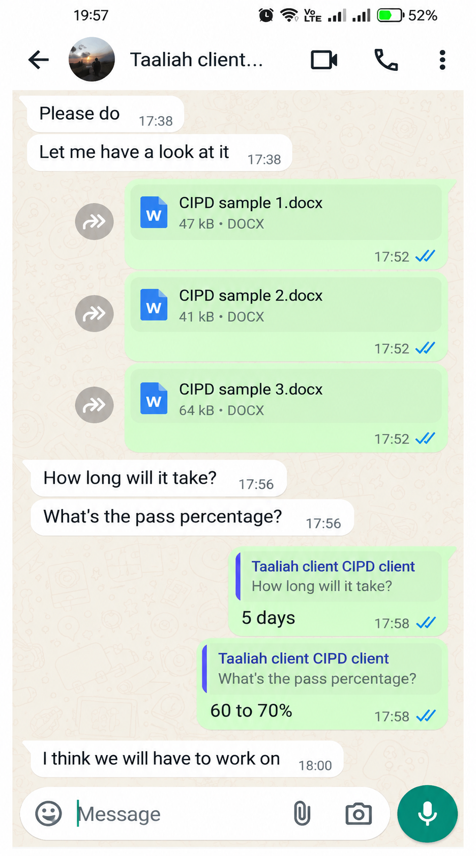 Samples were shared and the expected turnaround was discussed.