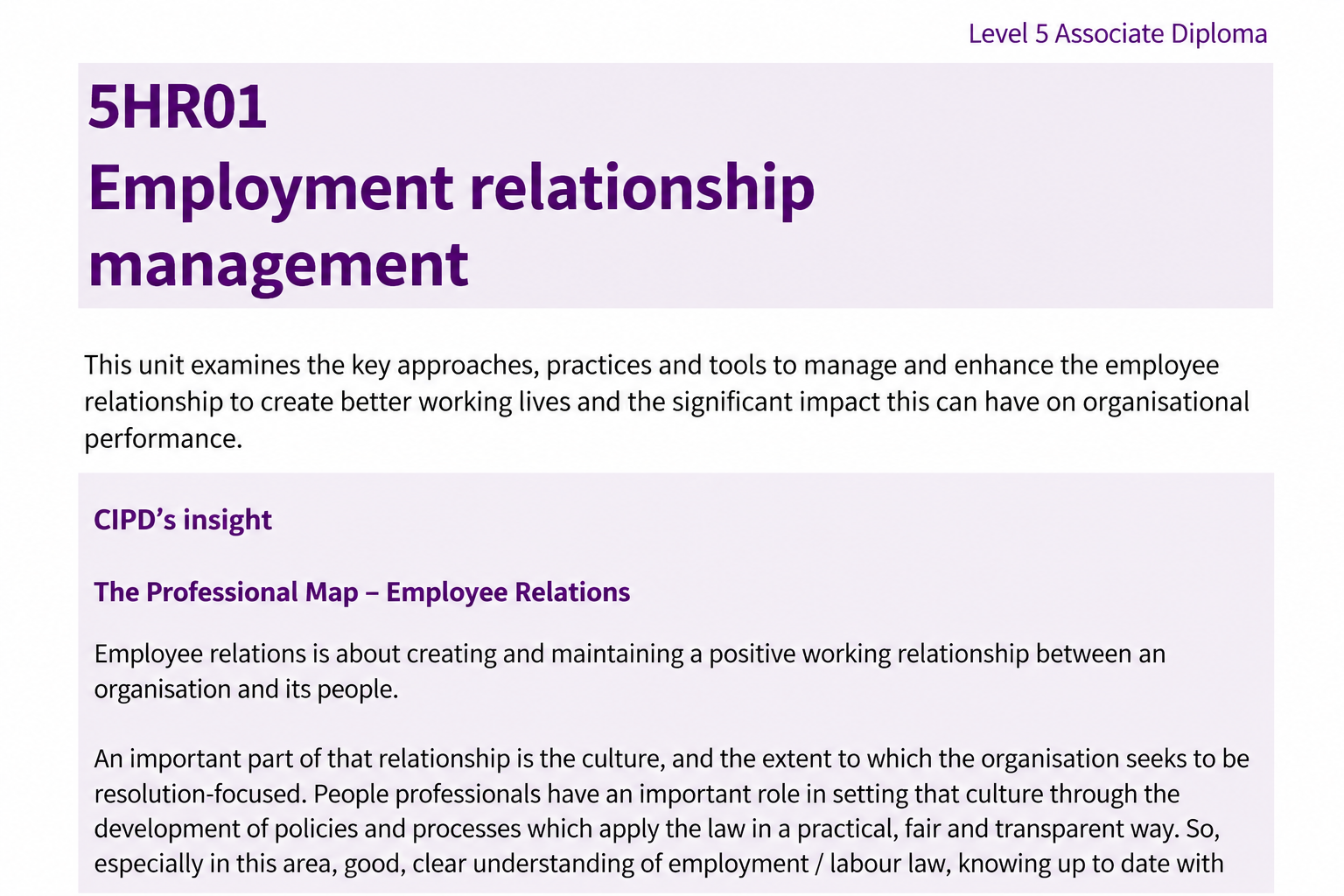 The official unit overview identifies 5HR01 as Employment Relationship Management within the Level 5 Associate Diploma.