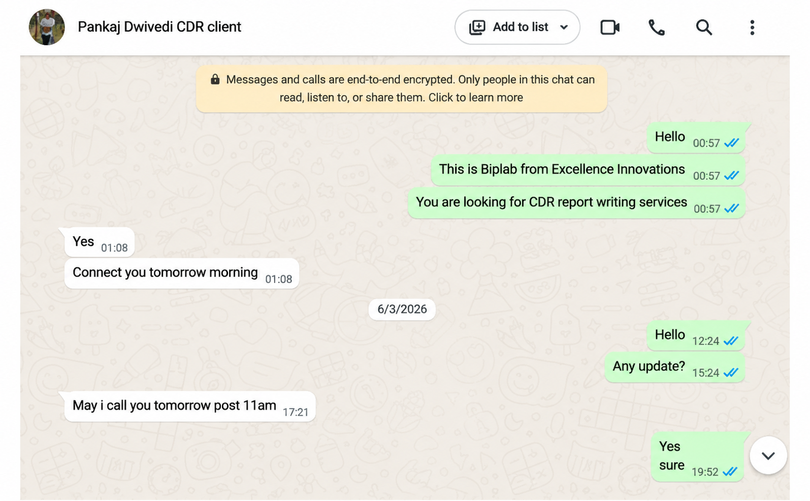 Evidence Snapshot 1: Initial client enquiry and requirement discussion.