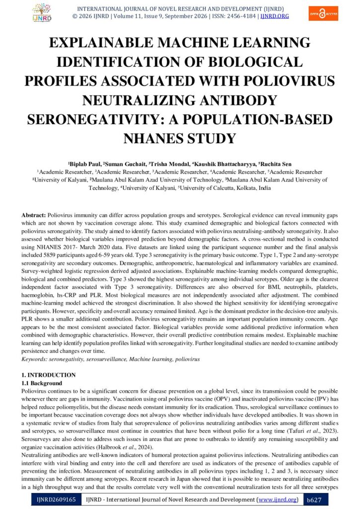 First page preview of the paper: Explainable Machine Learning Identification of Biological Profiles Associated with Poliovirus Neutralizing Antibody Seronegativity: A Population-Based NHANES Study