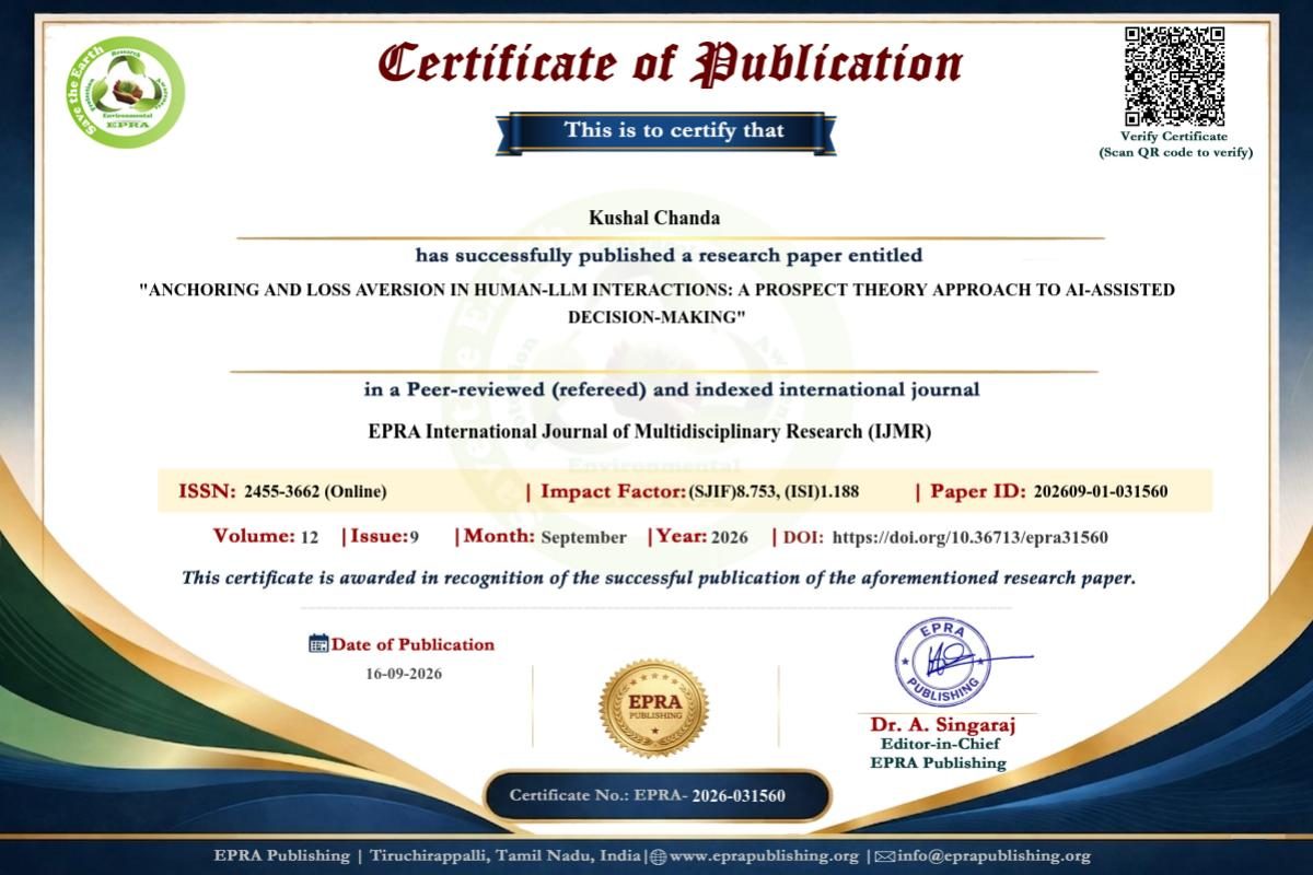 Certificate of Publication – Kushal Chanda, EPRA IJMR · Anchoring & Loss Aversion in Human-LLM Decisions