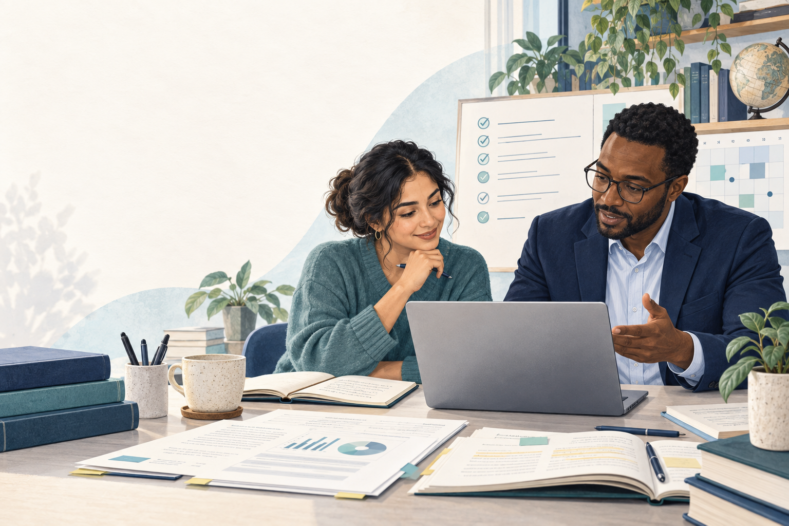 Illustration of a researcher and consultant reviewing analysis together, with a project checklist and milestone calendar.