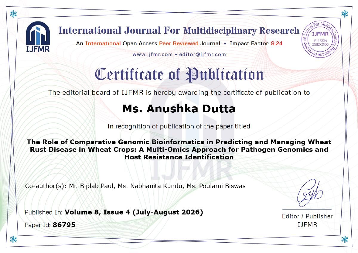 Certificate of Publication – Anushka Dutta, IJFMR · Wheat Rust Disease Genomics