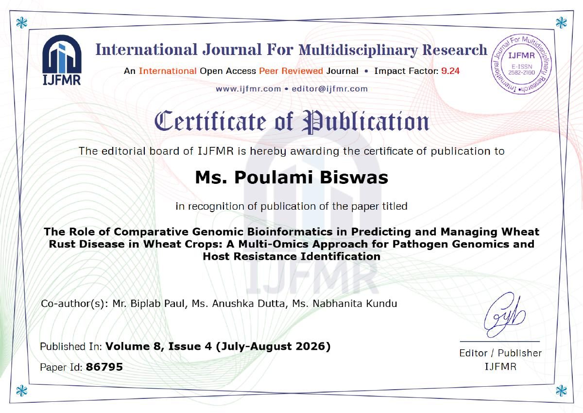 Certificate of Publication – Poulami Biswas, IJFMR · Wheat Rust Disease Genomics