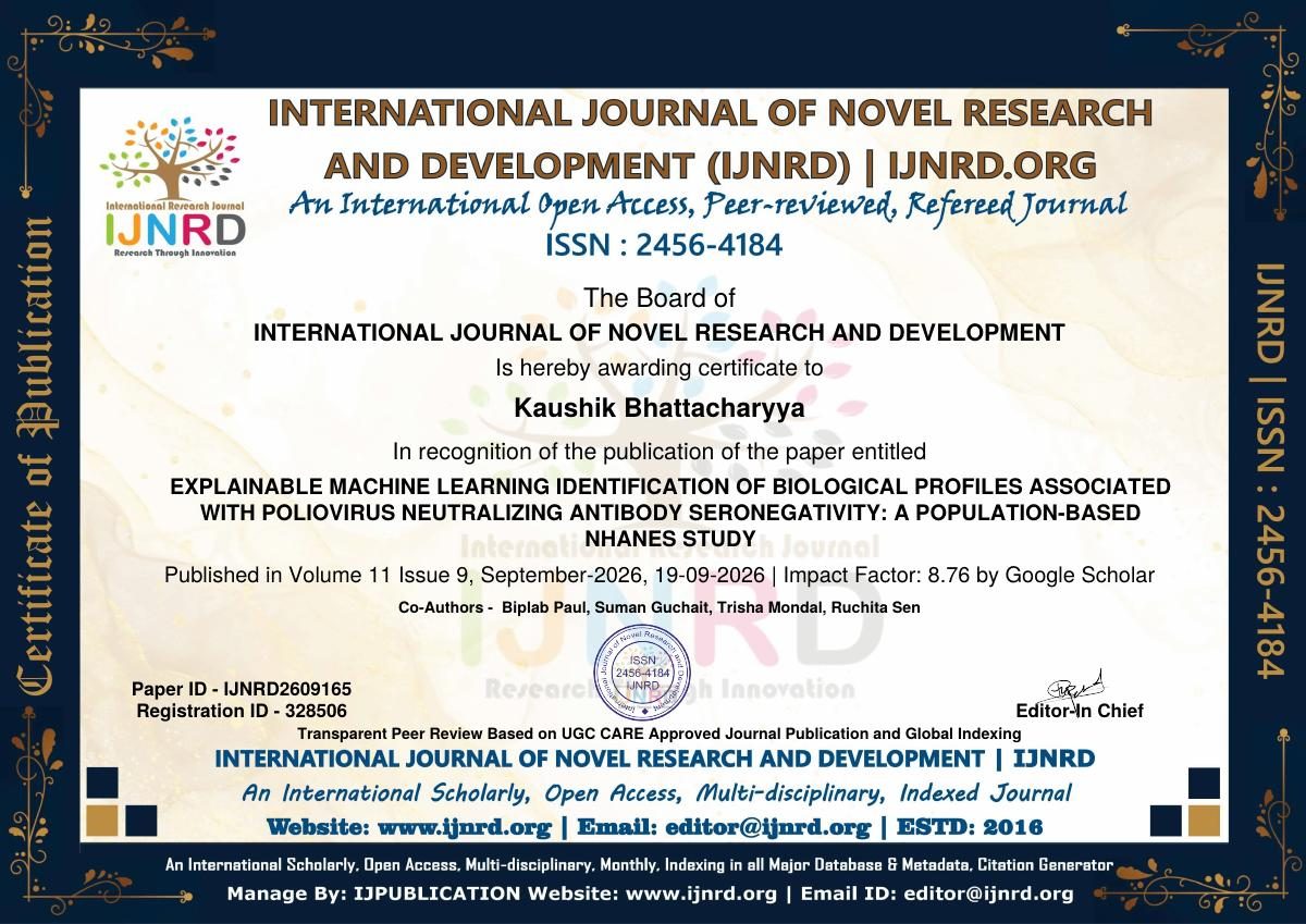 Certificate of Publication – Kaushik Bhattacharyya, IJNRD · Machine Learning & Poliovirus Antibody Study