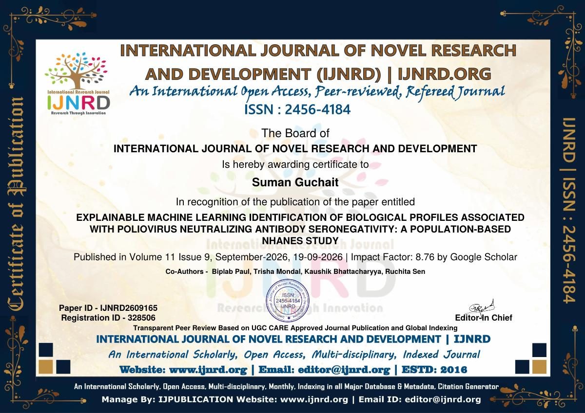 Certificate of Publication – Suman Guchait, IJNRD · Machine Learning & Poliovirus Antibody Study