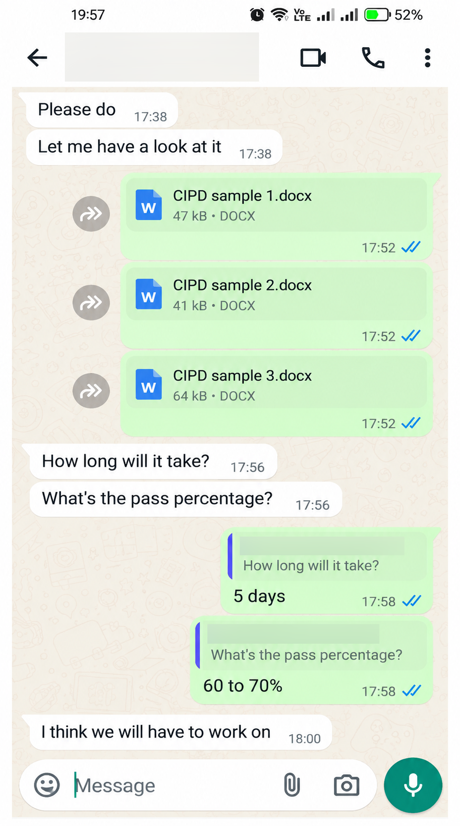 Samples were shared and the expected turnaround was discussed.


