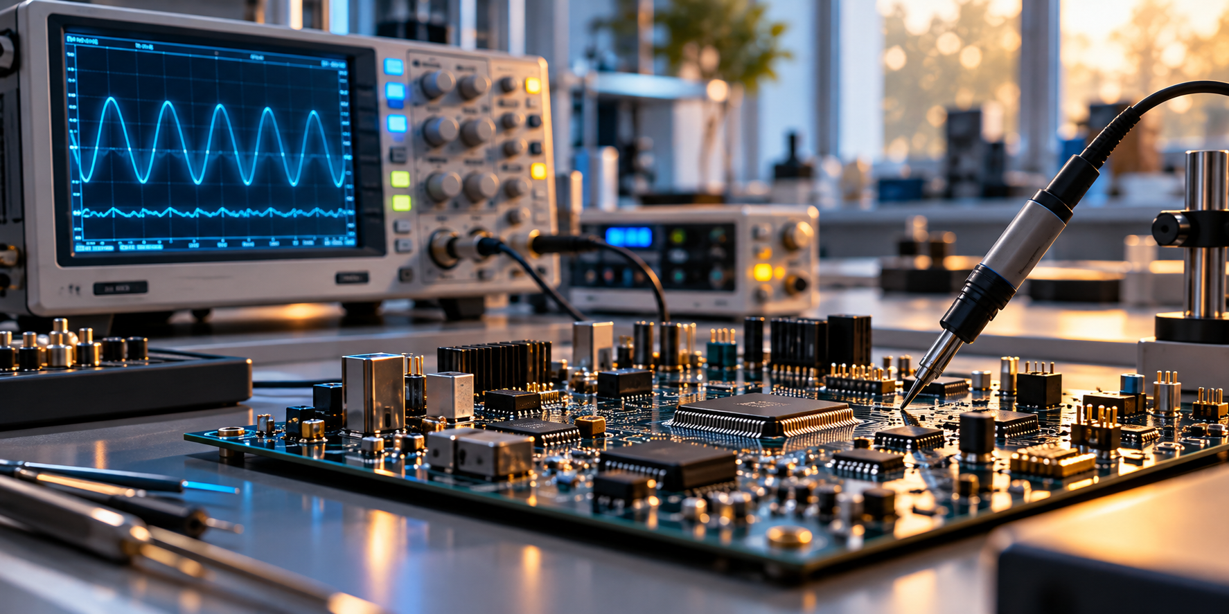 Electronic engineering research laboratory with a circuit board and oscilloscope