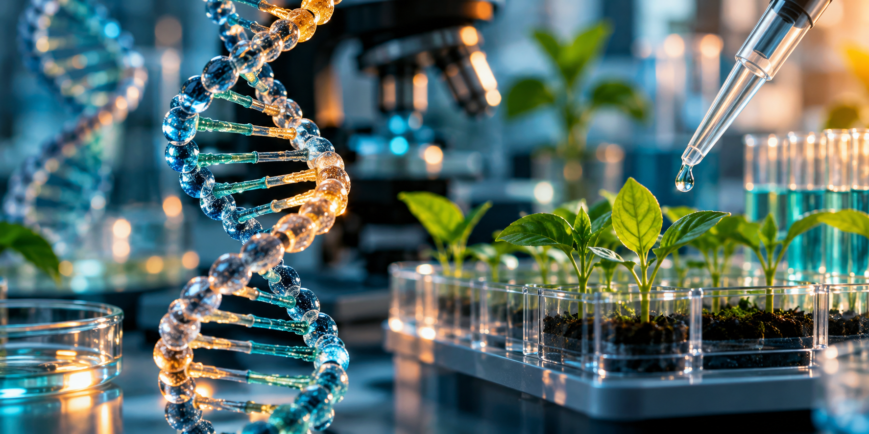 Biology research with DNA models and laboratory seedlings