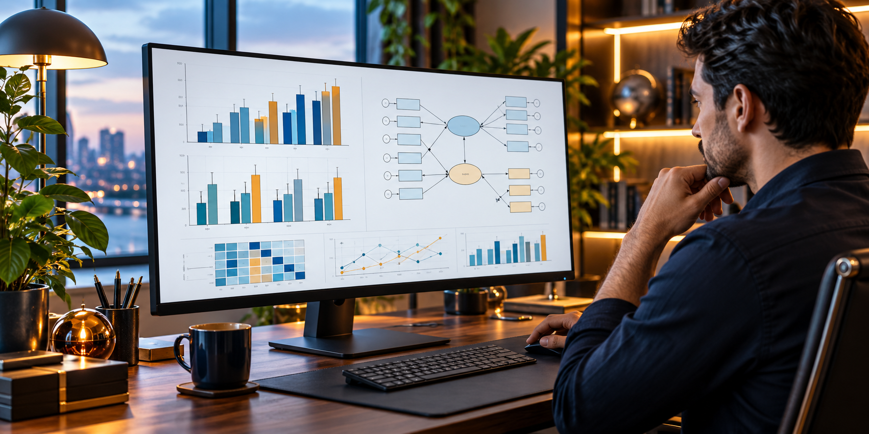 Statistical analyst reviewing SPSS and AMOS charts and structural models