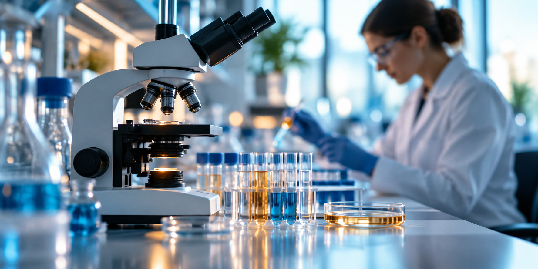 Medical researcher working with a microscope in a laboratory