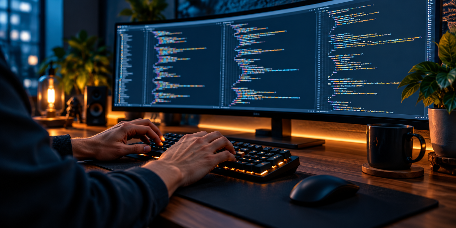 Python developer working at a modern programming workstation