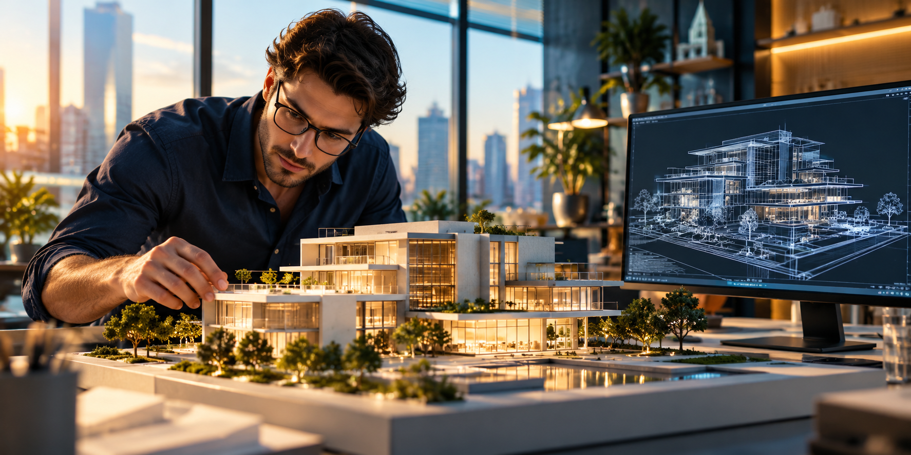 Architect reviewing a building model and CAD design