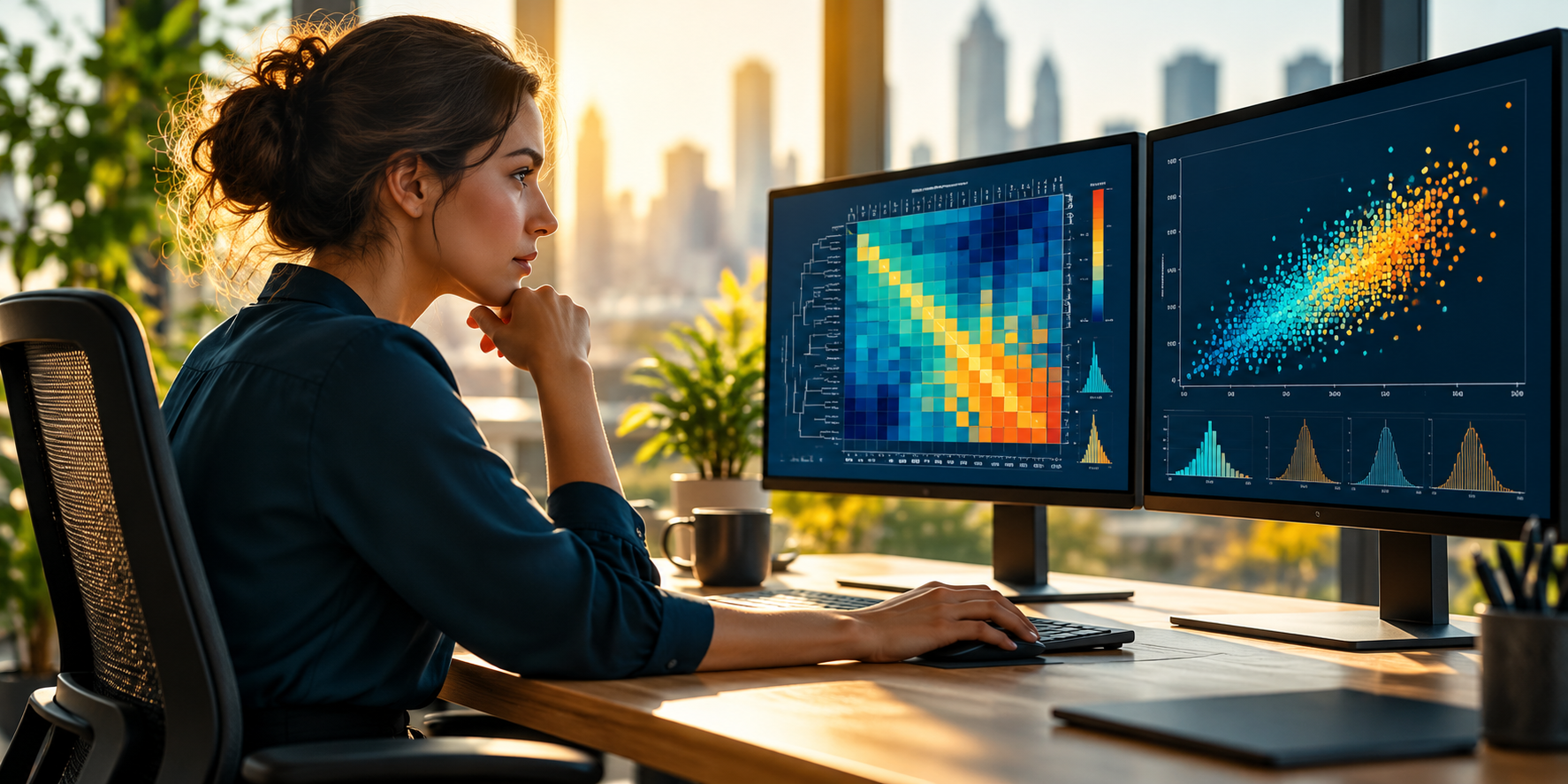 Python data science workspace with heatmaps and scatter plots