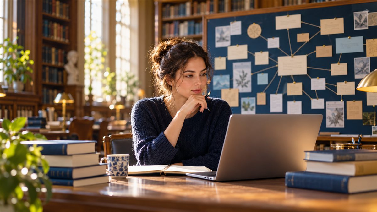 Doctoral researcher planning a PhD thesis with a laptop and research roadmap in a university library