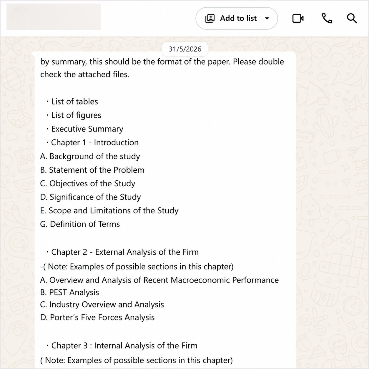 Client-provided chapter structure used to transform the draft into a professionally organised capstone paper